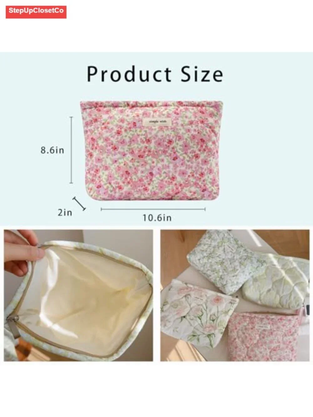 Quilted Floral Cotton Makeup Pouch Cosmetic Bag Organizer for Women Girls